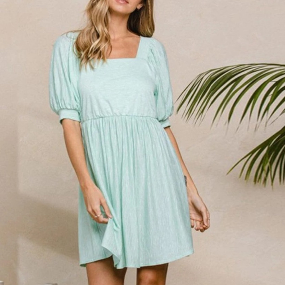 WOMEN'S MINI DRESS SHORT PUFF‎ SLEEVES SQUARE NECK MINT CRINKLE TEXTURE